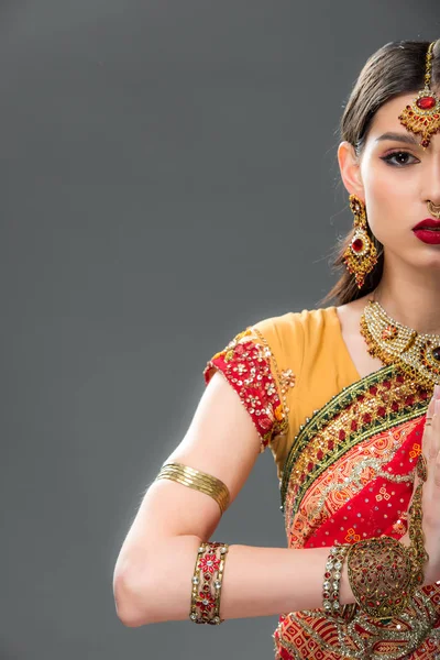 Half View Indian Woman Traditional Clothing Namaste Mudra Isolated Grey — Stock Photo, Image