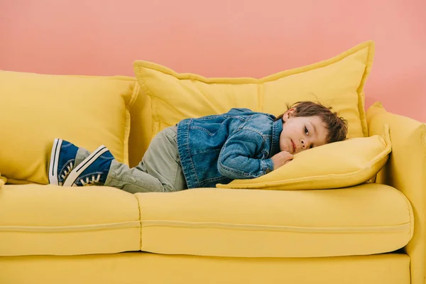 Cute Little Boy Blue Cotton Jacket Green Jeans Laying Yellow — Stock Photo, Image