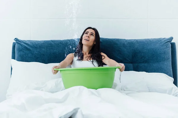 Stressed Brunette Girl Basin Looking Water Leaking Ceiling — Stock Photo, Image