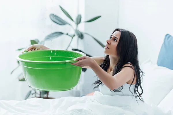 Young Woman Green Basin Dealing Water Damage Bedroom — Stock Photo, Image