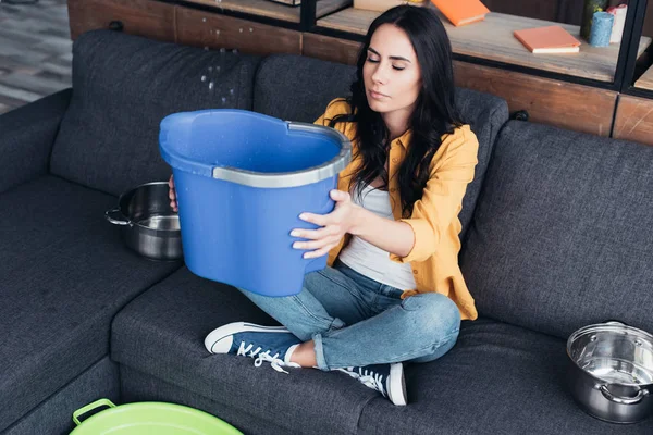 Wonderful Young Woman Sitting Sofa Blue Bucket — Stock Photo, Image