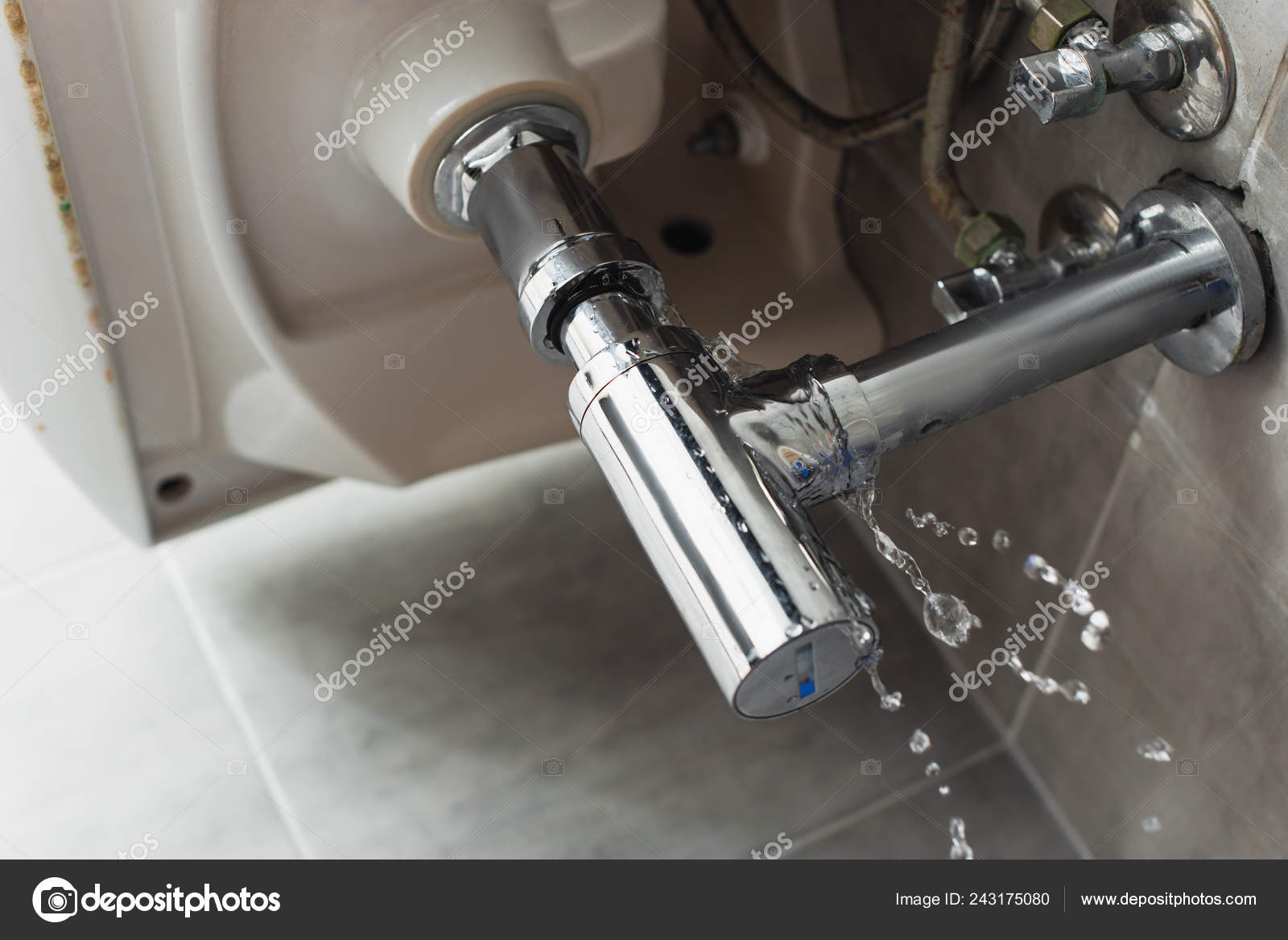Leaking Steel Pipe Sink Water Drops Stock Photo