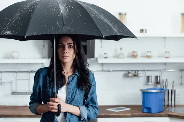 Amazed Woman Standing Umbrella Leak Kitchen — Stock Photo, Image