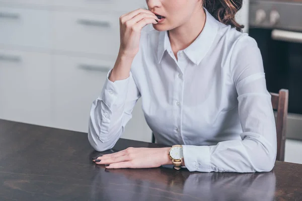 Cropped View Sad Woman White Blouse Sitting Table Kitchen Grieving — Stock Photo, Image