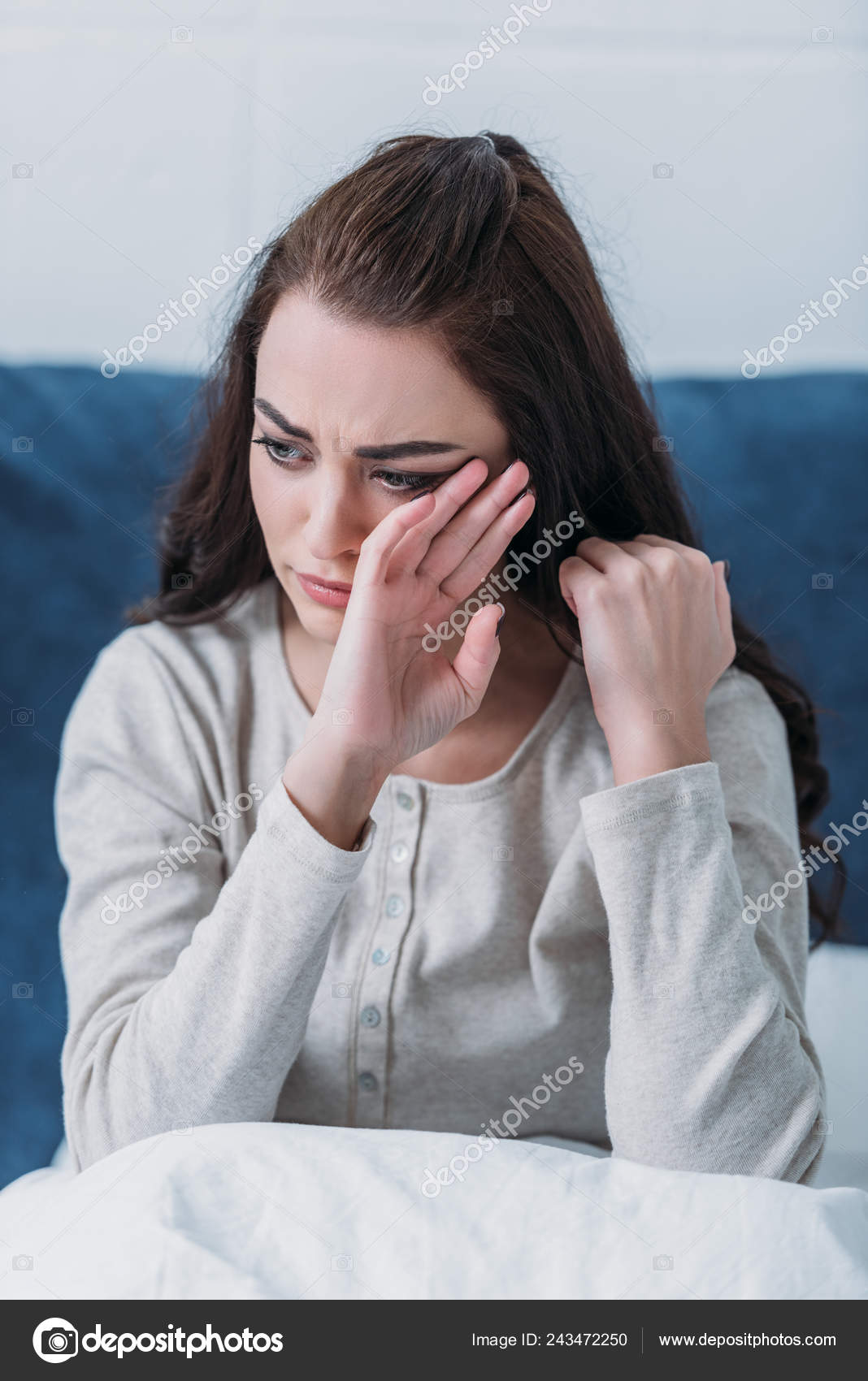 Depressed Woman Crying Wiping Tears While Lying Bed Home Stock ...