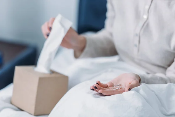 Partial View Woman Lying Bed Holding Wedding Rings While Reaching — Stock Photo, Image