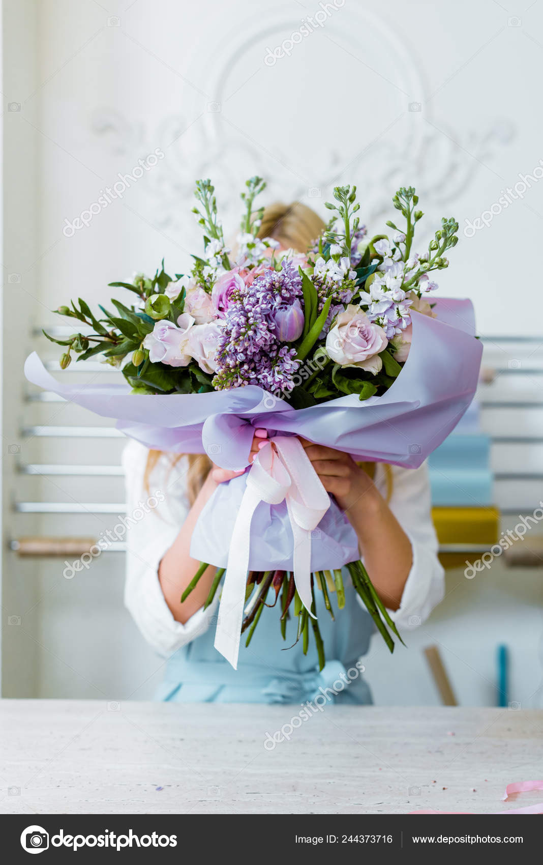 Beautiful Woman Holding Flower Bouquet Roses Carnations Stock