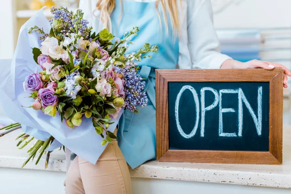 Cropped View Female Flower Shop Owner Holding Chalkboard Open Lettering — Stock Photo, Image
