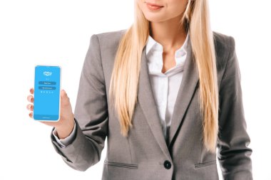işkadını smartphone üzerinde beyaz izole skype uygulaması ile gösterilen kırpılmış görünümünü