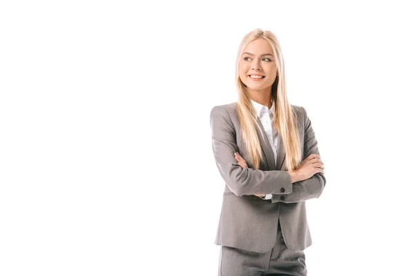 Happy Businesswoman Posing Crossed Arms Isolated White — Stock Photo, Image