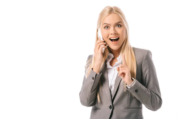 Excited Businesswoman Having Idea Pointing While Talking Smartphone Isolated White — Stock Photo, Image