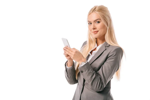 Mulher Negócios Loira Atraente Usando Smartphone Isolado Branco — Fotografia de Stock