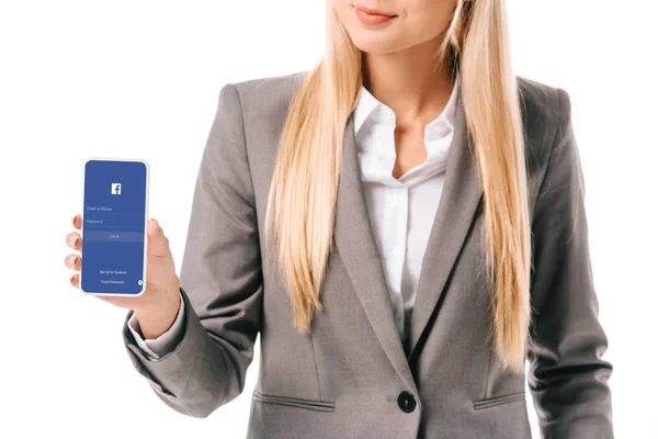 Cropped View Businesswoman Showing Smartphone Facebook App Isolated White — Stock Photo, Image
