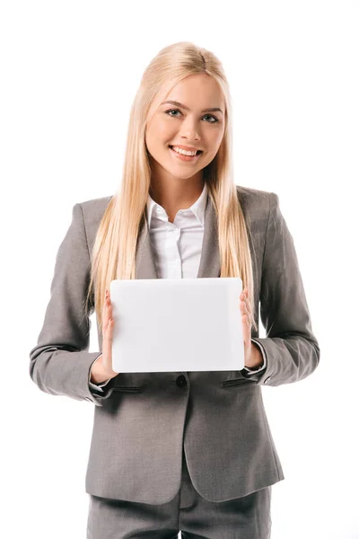 Smiling Businesswoman Presenting Digital Tablet Isolated White — Stock Photo, Image