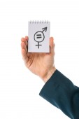 részleges kilátás nyílik a kezében tartja a nemek közötti egyenlőség jel, elszigetelt fehér üzletember
