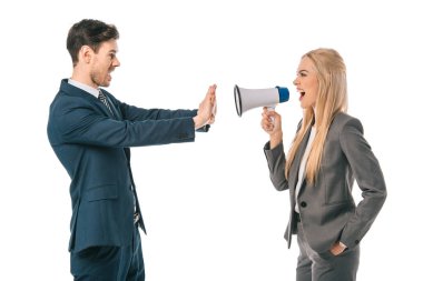 businesswoman shouting into megaphone at businessman who showing stop gesture isolated on white, subordinate concept clipart
