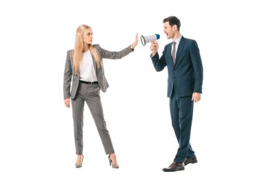 male boss shouting into megaphone at businesswoman who showing stop gesture isolated on white, gender equality concept clipart