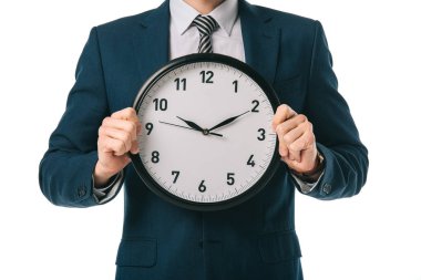 cropped view of businessman holding clock isolated on white clipart