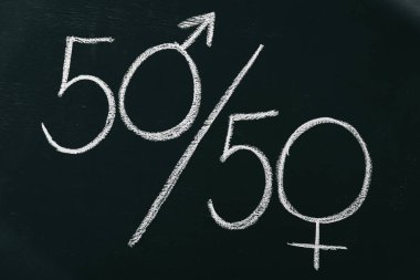 male and female signs as 50 to 50 percents on blackboard, gender equality concept