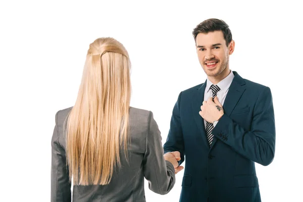 Hombre Negocios Mujer Negocios Estrechando Las Manos Haciendo Trato Aislado — Foto de Stock