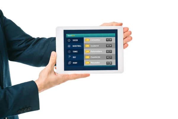 Cropped View Businessman Showing Digital Tablet Sports App Isolated White — Stock Photo, Image