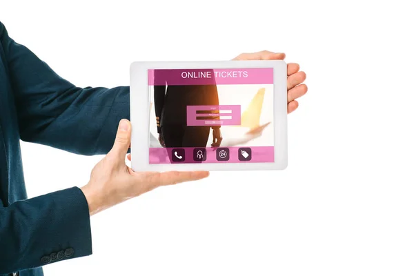 Işadamı Gösteren Dijital Tablet Üzerinde Beyaz Izole Online Bilet Uygulaması — Stok fotoğraf