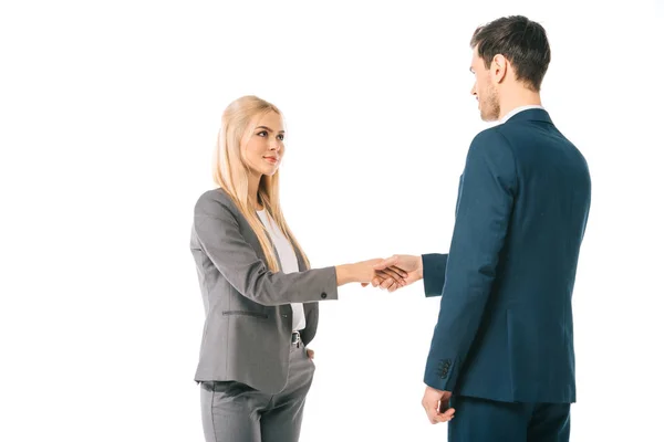 Empresários Bem Sucedidos Apertando Mãos Fazendo Negócio Isolado Branco — Fotografia de Stock