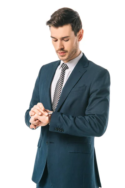 Homem Negócios Bonito Terno Olhando Relógio Isolado Branco — Fotografia de Stock