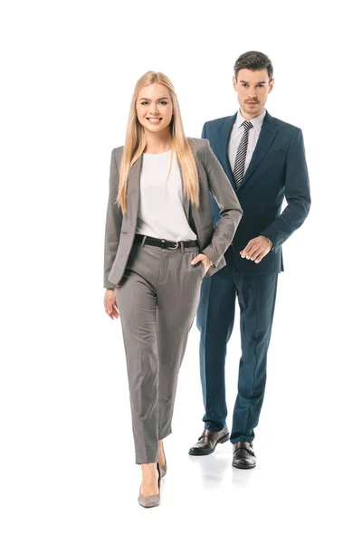Successful Businesswoman Confident Businessman Walking Isolated White — Stock Photo, Image