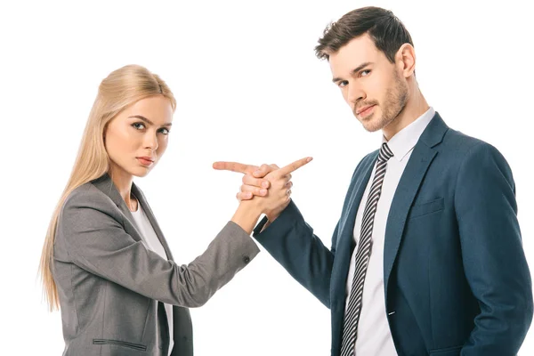 Confident Professional Business Colleagues Pointing Each Other Isolated White — Stock Photo, Image