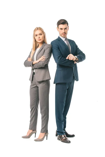 Confident Businesswoman Businessman Posing Crossed Arms Isolated White — Stock Photo, Image