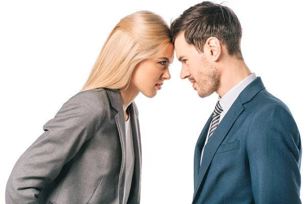 Geschäftsleute Mit Konflikten Und Berührungen Der Stirn Isoliert Auf Weiß — Stockfoto