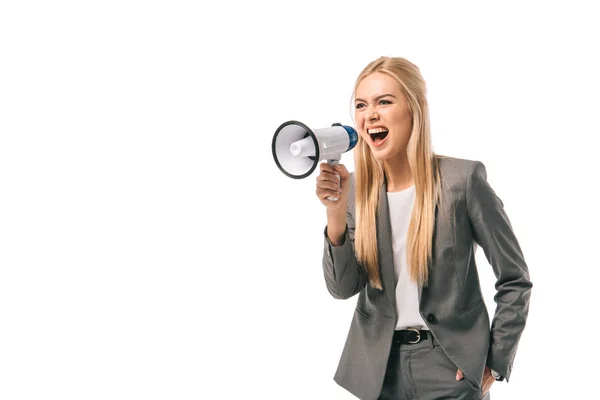 Emotionale Blonde Geschäftsfrau Schreit Mit Megafon Isoliert Auf Weiß — Stockfoto