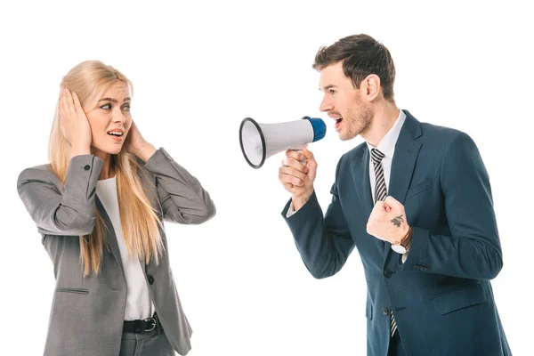 Emotional Businessman Shouting Megaphone Frightened Female Colleague Isolated White — Stock Photo, Image