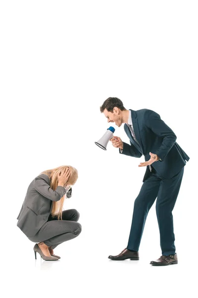 Angry Male Boss Yelling Megaphone Stressed Female Employee Isolated White — Stock Photo, Image