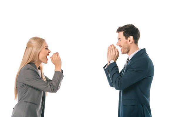 excited businesspeople screaming at each other isolated on white