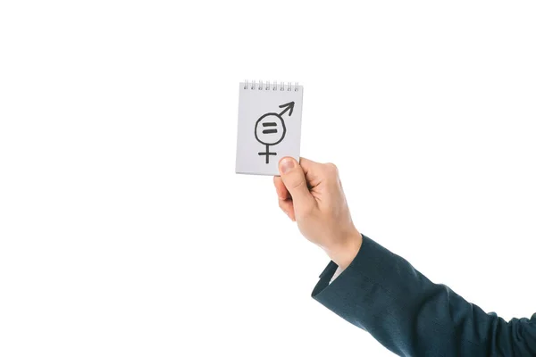 裁剪的看法的人拿着两性平等的标志在手 孤立在白色 — 图库照片