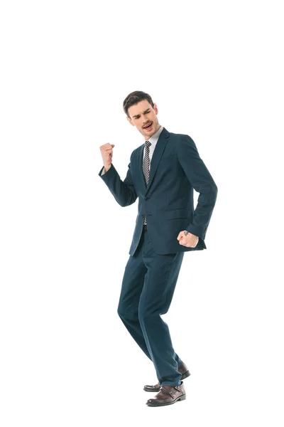 Successful Executive Businessman Dancing Celebrating Triumph Isolated White — Stock Photo, Image