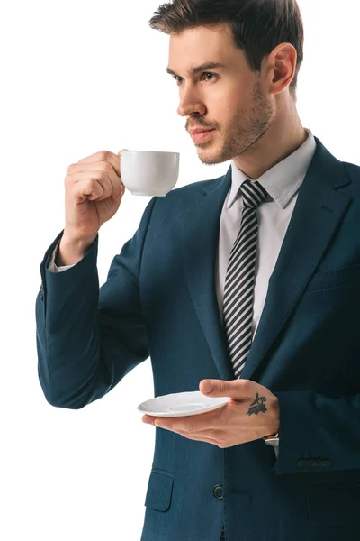 Guapo Hombre Negocios Sosteniendo Taza Café Aislado Blanco —  Fotos de Stock