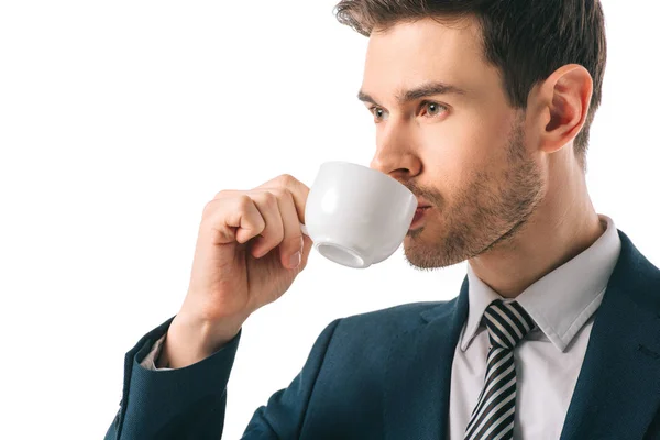 Όμορφος Επιχειρηματίας Πίνοντας Καφέ Που Απομονώνονται Λευκό — Φωτογραφία Αρχείου