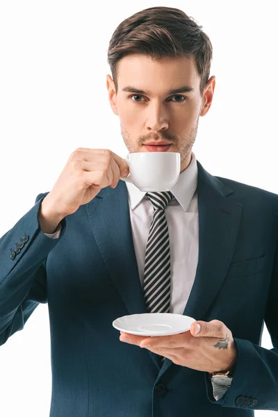 Knappe Zakenman Kopje Koffie Witte Geïsoleerd Houden — Stockfoto