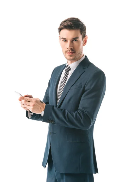 Homem Negócios Bonito Usando Smartphone Isolado Branco — Fotografia de Stock