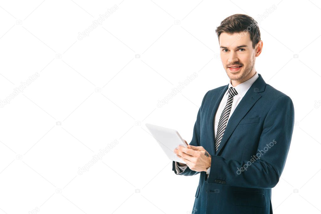 smiling businessman using digital tablet isolated on white