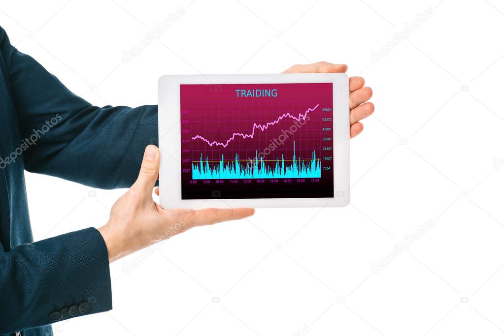 cropped view of businessman holding digital tablet with trading graph, isolated on white 