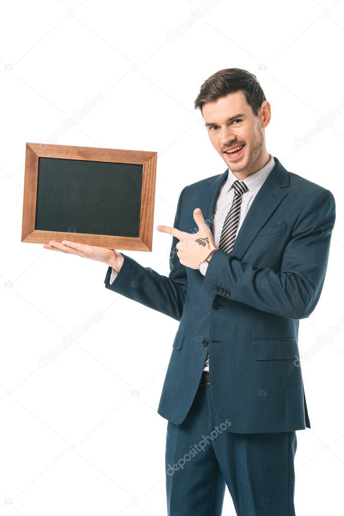 businessman showing empty board in wooden frame, isolated on white