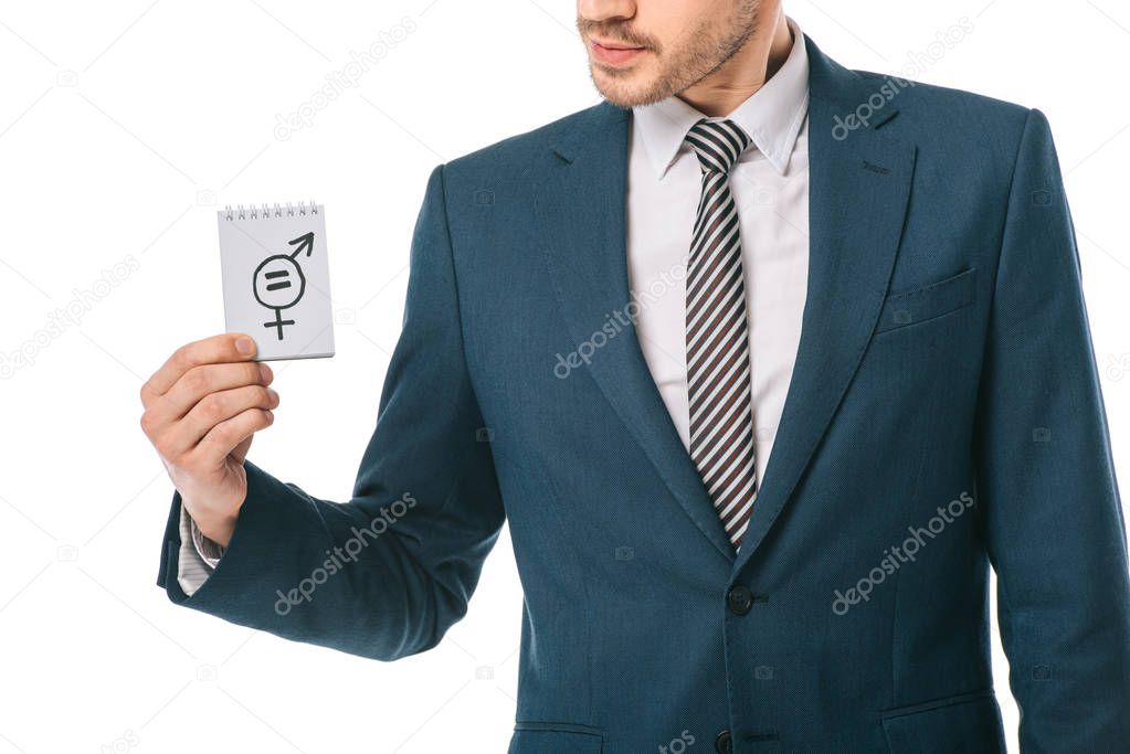 cropped view of businessman holding gender equality symbol, isolated on white