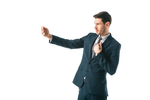 Handsome Businessman Taking Selfie Smartphone Isolated White — Stock Photo, Image
