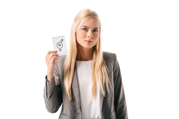 Attractive Businesswoman Holding Gender Equality Sign Isolated White — Stock Photo, Image