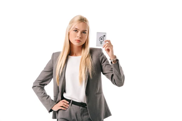 Piękna Blondynka Bizneswoman Gospodarstwa Symbol Równości Płci Białym Tle — Zdjęcie stockowe
