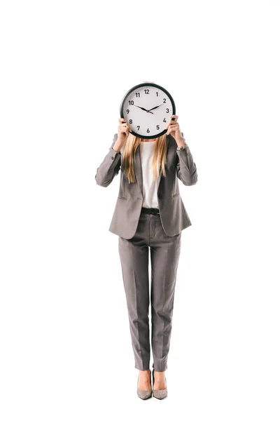 Businesswoman Suit Holding Clock Front Face Isolated White — Stock Photo, Image